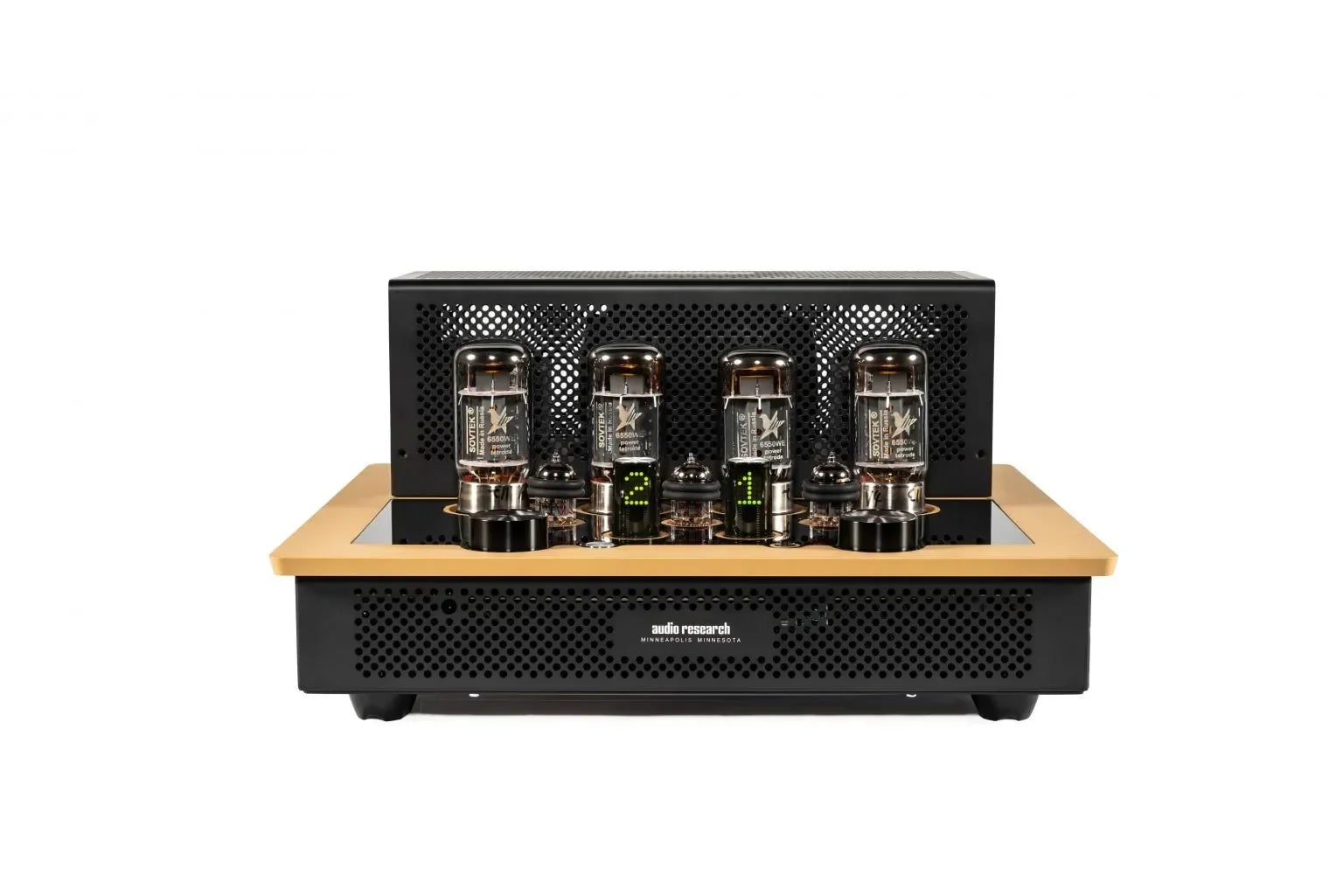 Audio Research vacuum tube amplifier with gold trim, premium home audio equipment from The Source AV