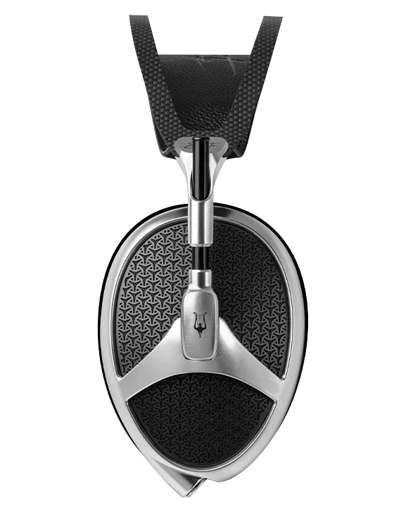 Meze Elite high-end open-back headphone with black earcup and silver frame at The Source AV