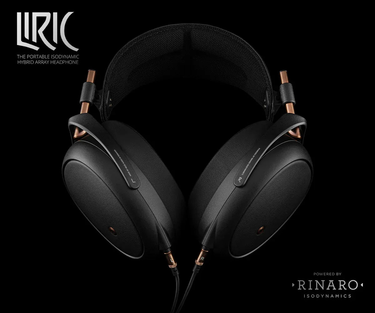 High-end closed-back Liric isodynamic headphones with copper accents on black background