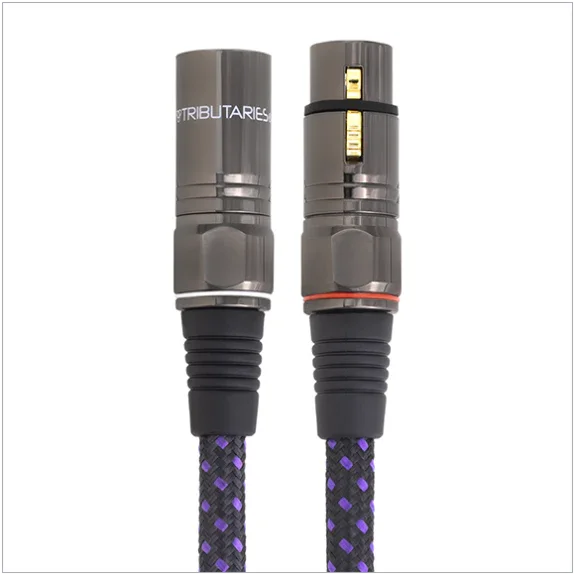 High-quality Tributaries XLR audio cables with braided black and purple sleeves