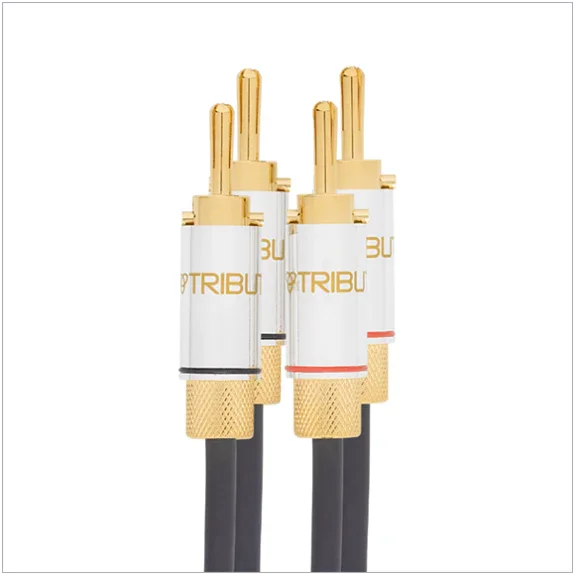 High quality banana plug audio speaker cables with braided black sleeve, for home audio systems
