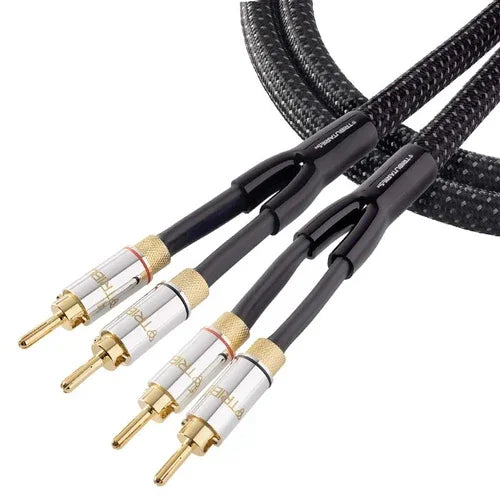 High quality banana plug audio speaker cables with braided black sleeve, for home audio systems