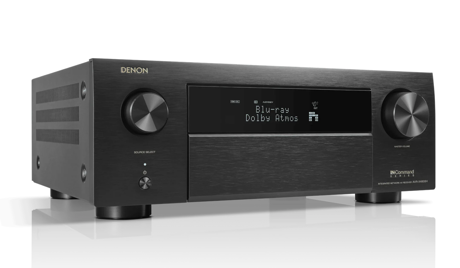Denon AVR-X4800H black AV receiver with front panel display and control knobs at The Source AV