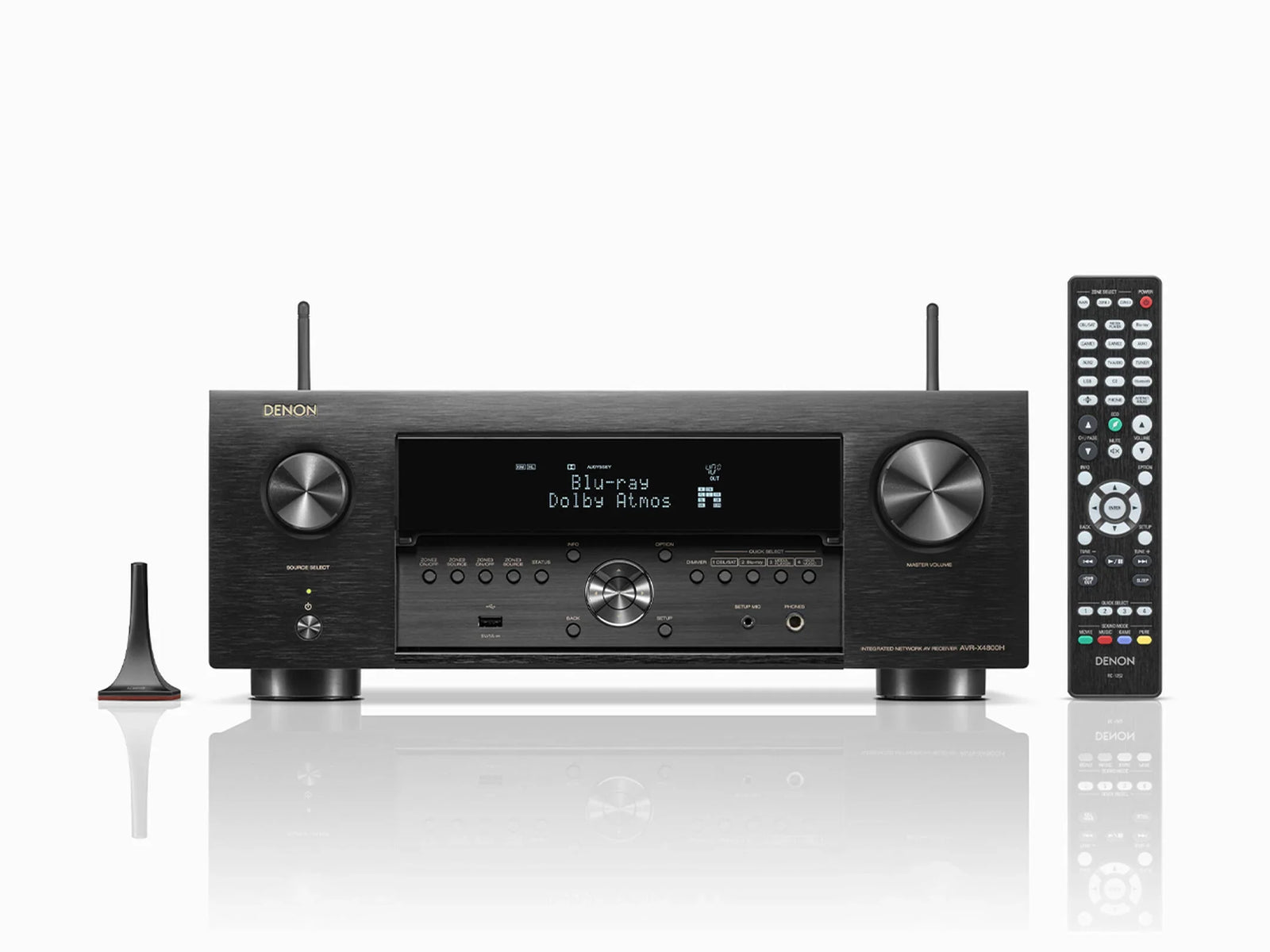 Denon AVR-X4800H black AV receiver with front panel display and control knobs at The Source AV