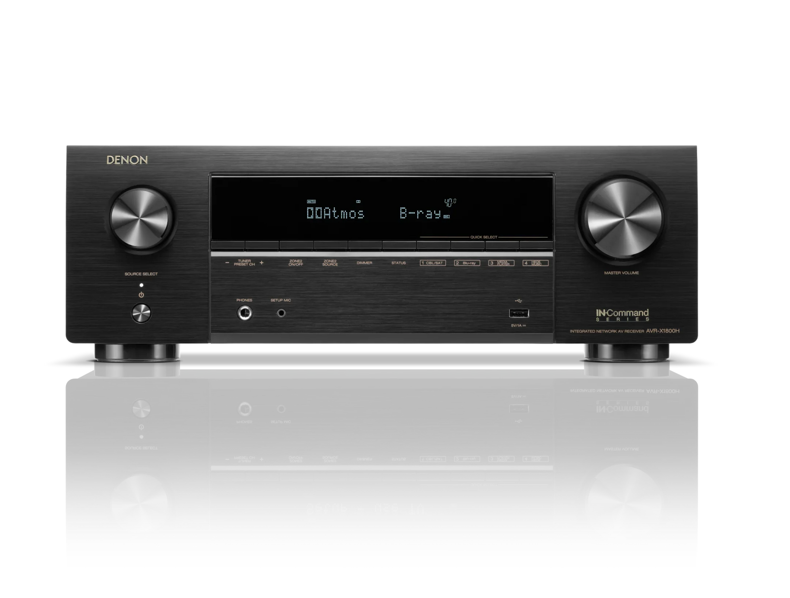 Denon AVR-X1800H AV receiver with black finish, front display and control knobs on a studio background