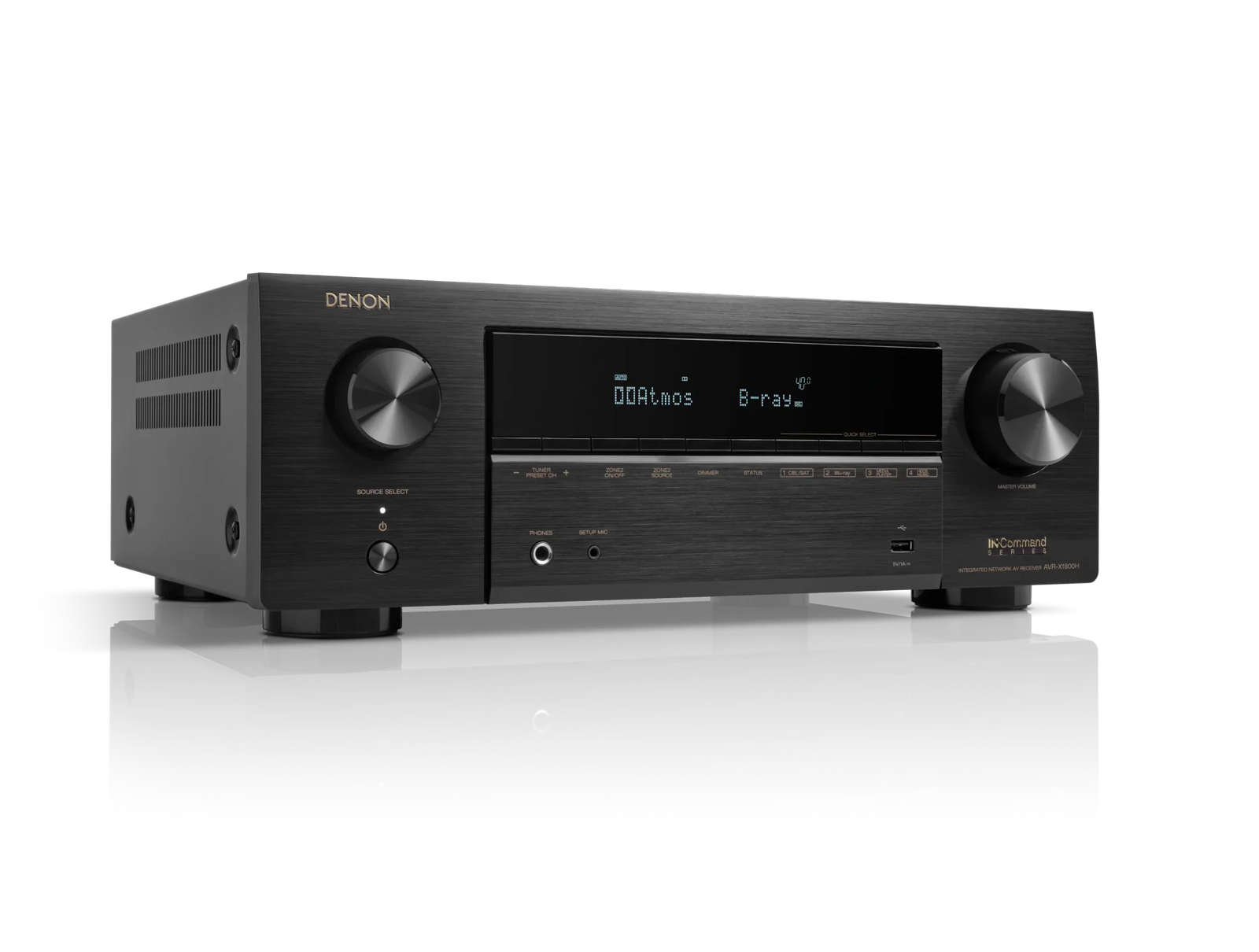 Denon AVR-X1800H AV receiver with black finish, front display and control knobs on a studio background