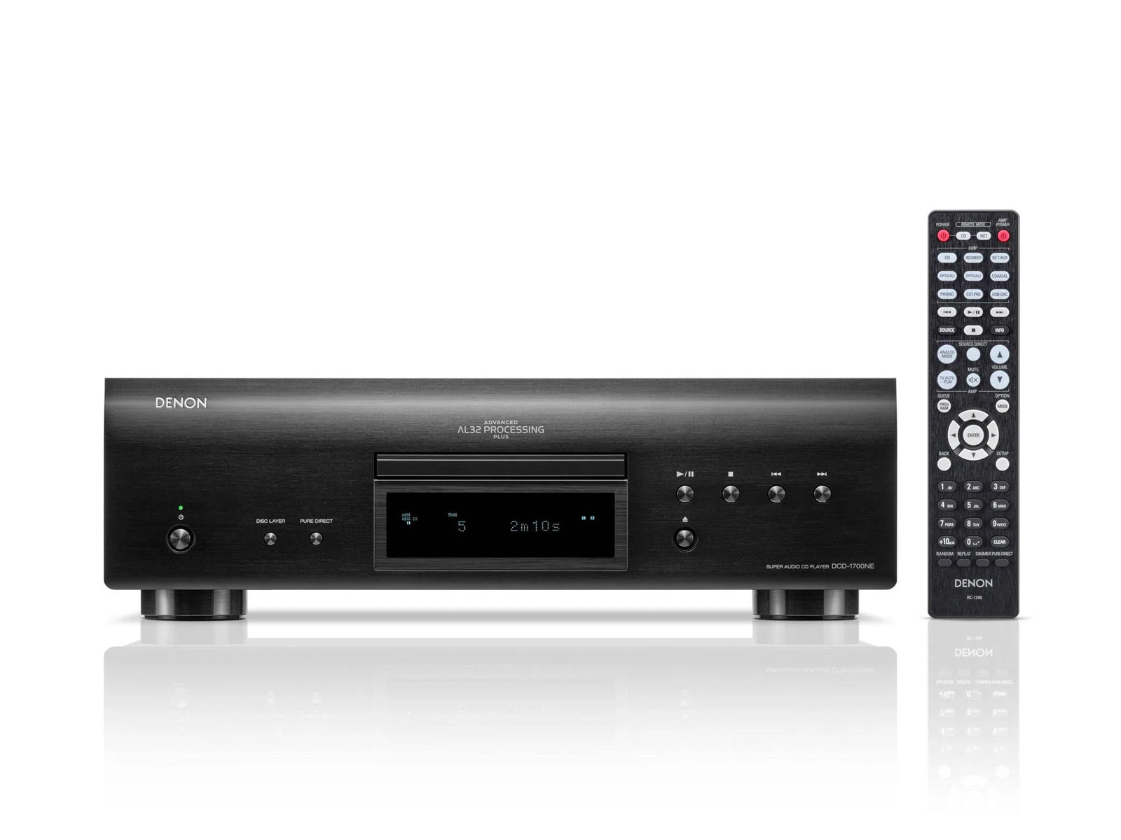 Denon DCD-1700NE black hi-fi CD player with digital display, shown on reflective surface, premium audio equipment