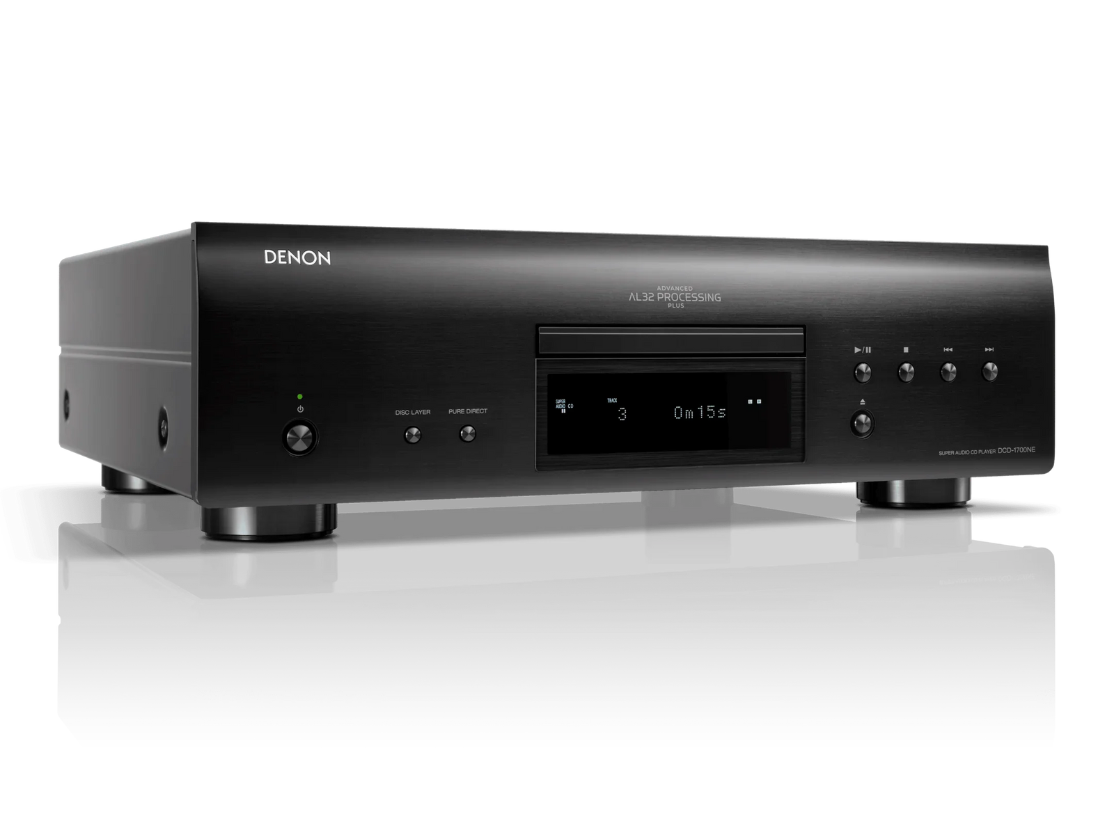 Denon DCD-1700NE black hi-fi CD player with digital display, shown on reflective surface, premium audio equipment