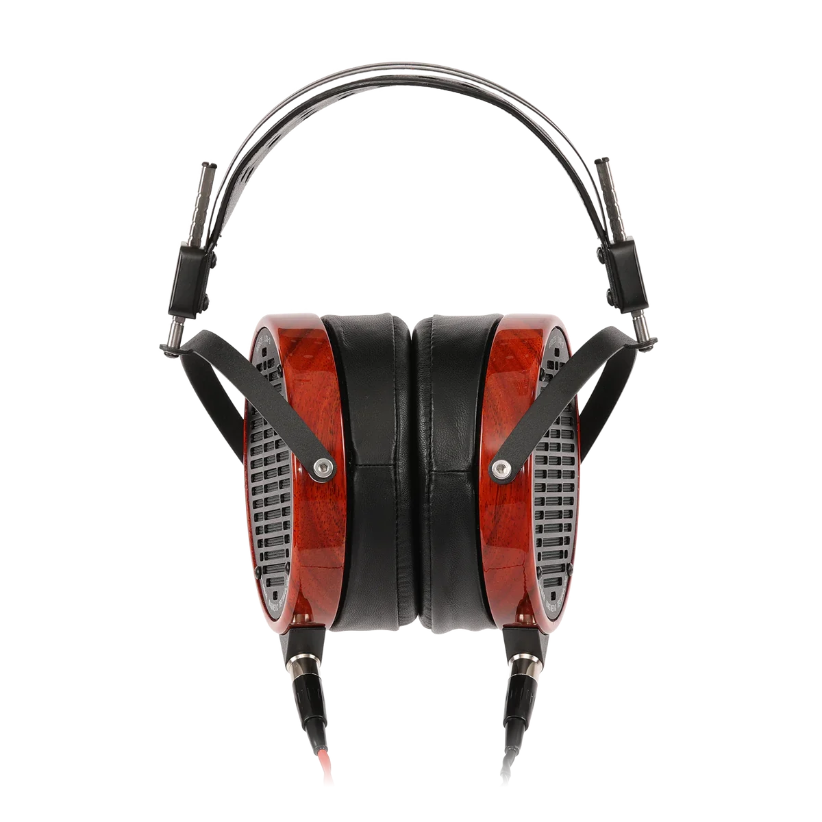High-end over-ear planar magnetic headphones with red wood accents and dual audio cables