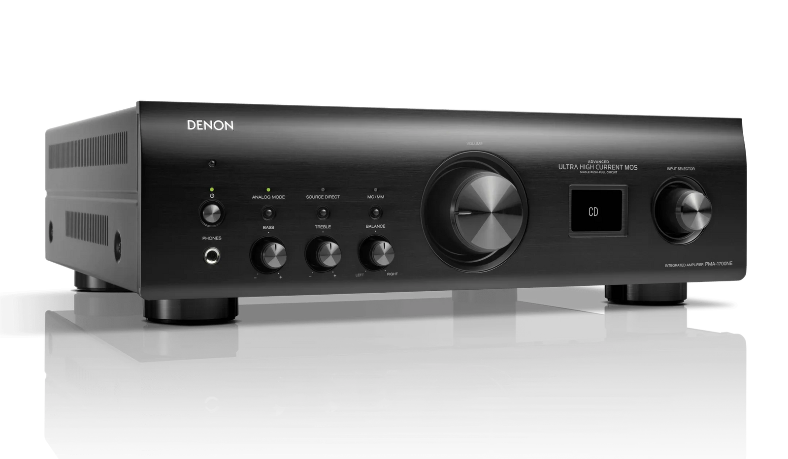 Denon PMA-1700NE integrated amplifier black front angle, audio equipment at The Source AV