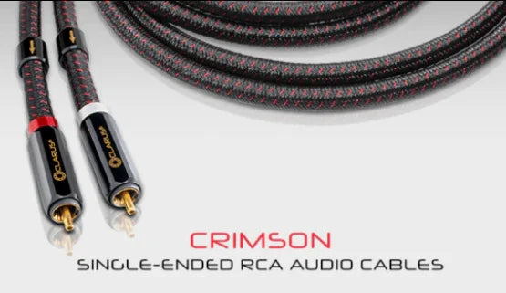 Crimson single-ended RCA audio cables with braided black and red design from The Source AV
