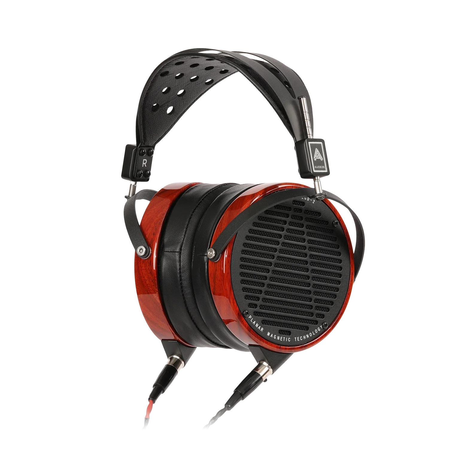 High-end over-ear planar magnetic headphones with red wood accents and dual audio cables