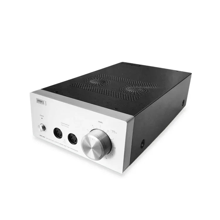 High-end audio headphone amplifier with silver front panel and control knob, The Source AV