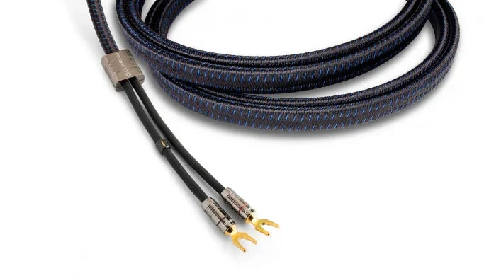 High-end audio speaker cable with gold-plated spade connectors, blue braided sheath