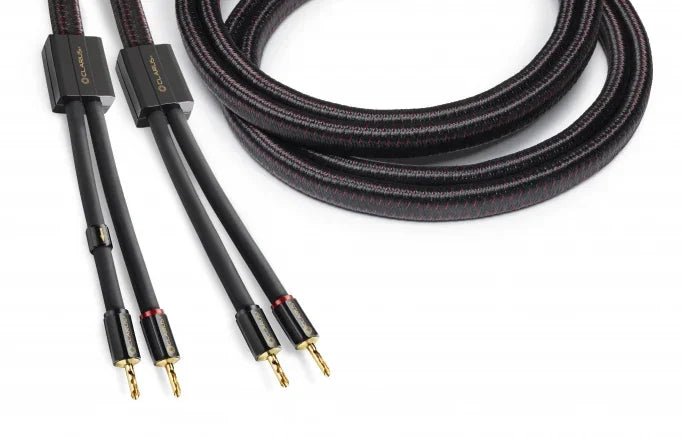 High-end audio speaker cable with gold-plated banana plugs, black braided design, The Source AV