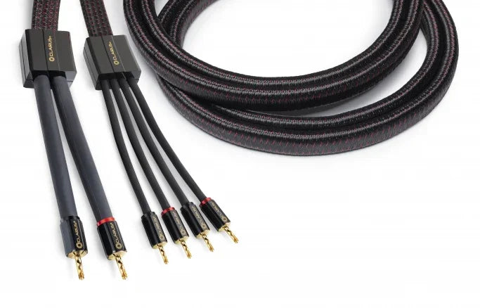 High-end audio speaker cables with gold-plated banana plugs, braided design from The Source AV