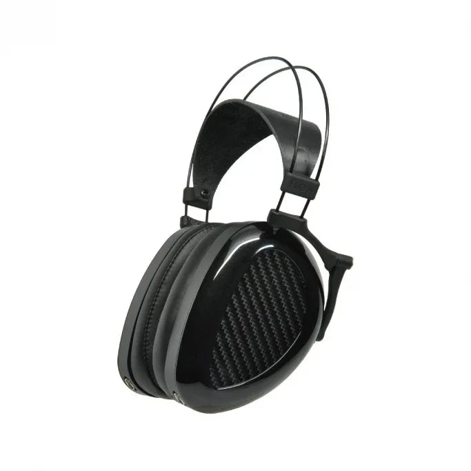High-end black over-ear headphones with carbon fiber ear cups, premium audio equipment
