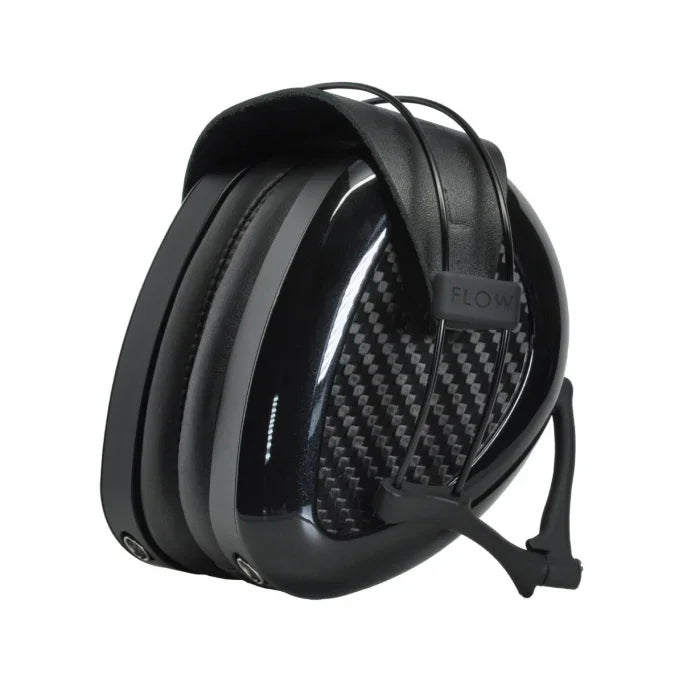 High-end black over-ear headphones with carbon fiber ear cups, premium audio equipment