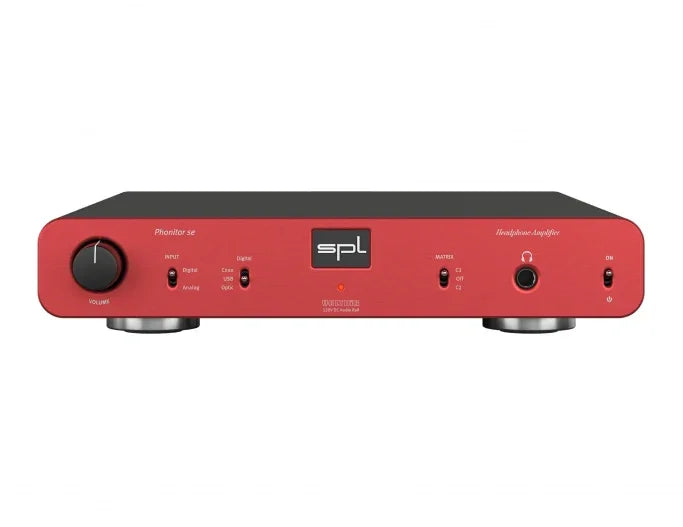 SPL Phonitor se red headphone amplifier with volume knob and audio input options, The Source AV