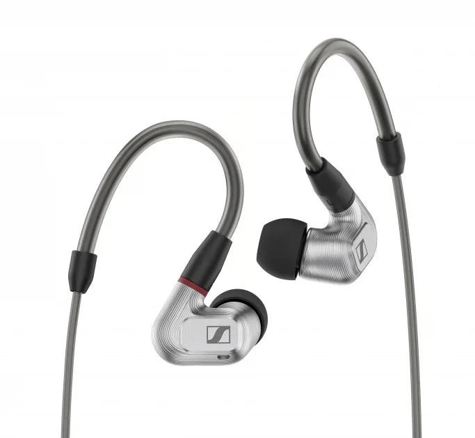 High-end Sennheiser in-ear headphones with silver design, available at The Source AV