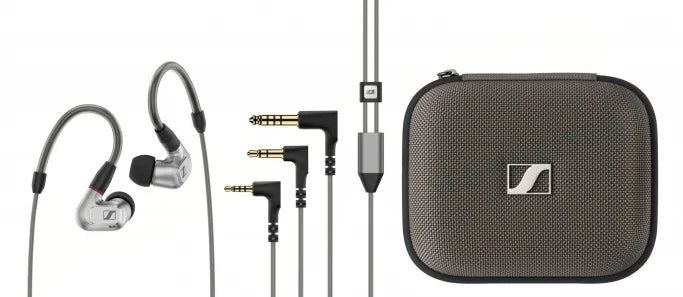 High-end Sennheiser in-ear headphones with silver design, available at The Source AV