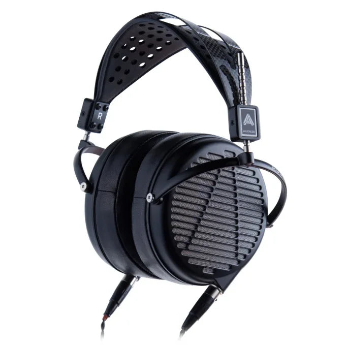 Audeze premium over-ear headphones with open-back design and carbon fiber headband, black.