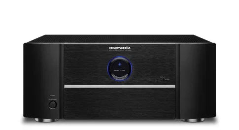Marantz black home audio amplifier with blue LED, high-end stereo equipment at The Source AV