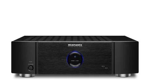 Marantz black stereo power amplifier with blue LED ring, displayed on The Source AV homepage