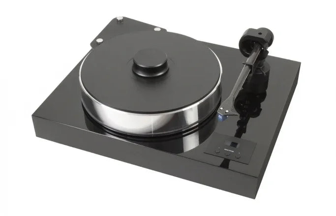 High-end black and silver turntable with tonearm, featured at The Source AV audio store