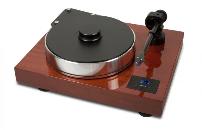 High-end black and silver turntable with tonearm, featured at The Source AV audio store