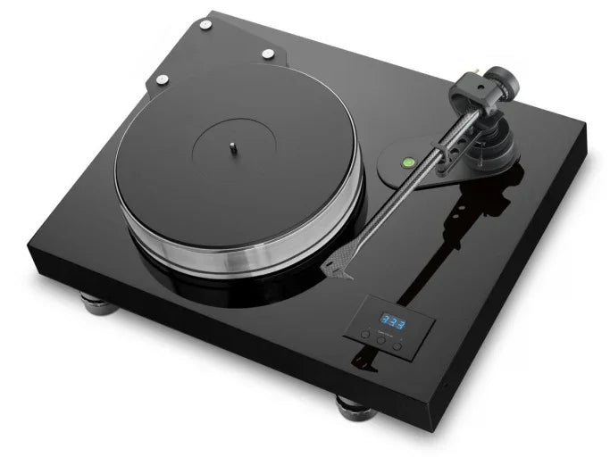 High-end black vinyl turntable with digital speed display from The Source AV