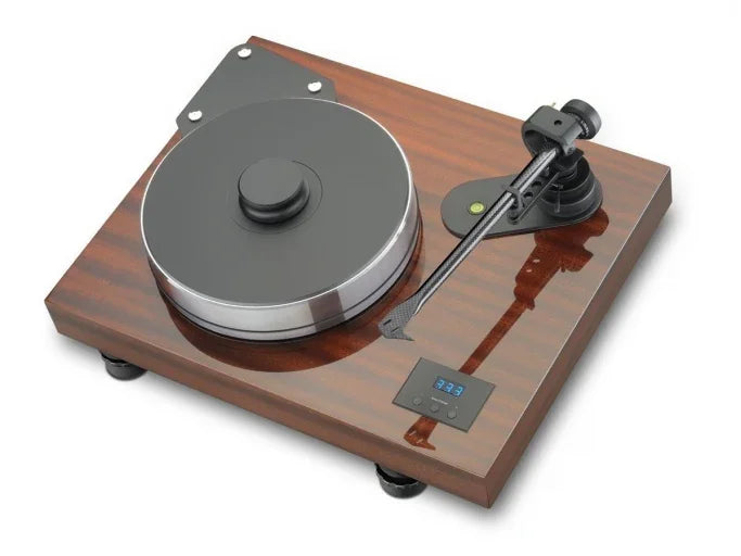 High-end black vinyl turntable with digital speed display from The Source AV