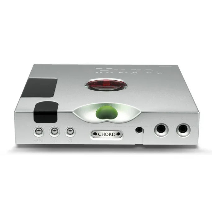 Chord audio headphone amplifier with black finish, front ports, and green illuminated button