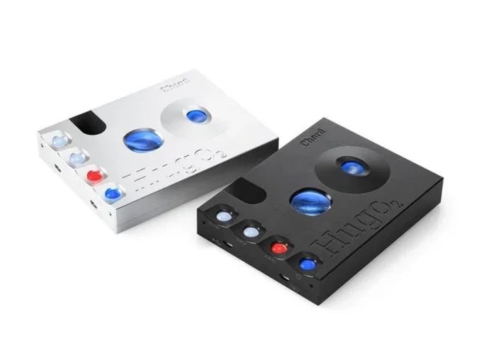 Chord Hugo 2 portable DAC headphone amplifier in silver and black, high-end audio equipment