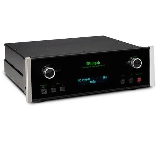 McIntosh audio preamplifier with digital display, black front panel, and silver accents