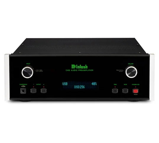 McIntosh audio preamplifier with digital display, black front panel, and silver accents