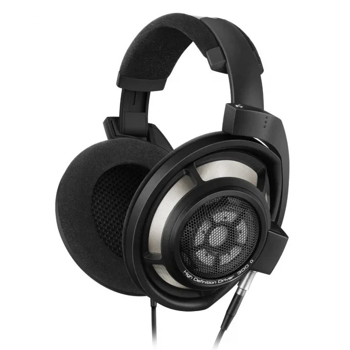 Open-back audiophile headphones with black ear pads and mesh grille, high-fidelity audio gear