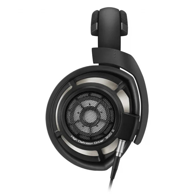 Open-back audiophile headphones with black ear pads and mesh grille, high-fidelity audio gear