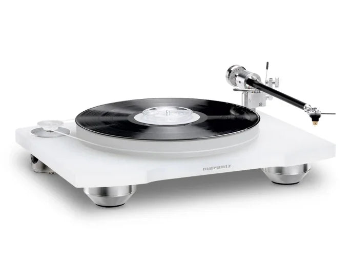 Marantz white turntable with black vinyl record, premium audio equipment at The Source AV