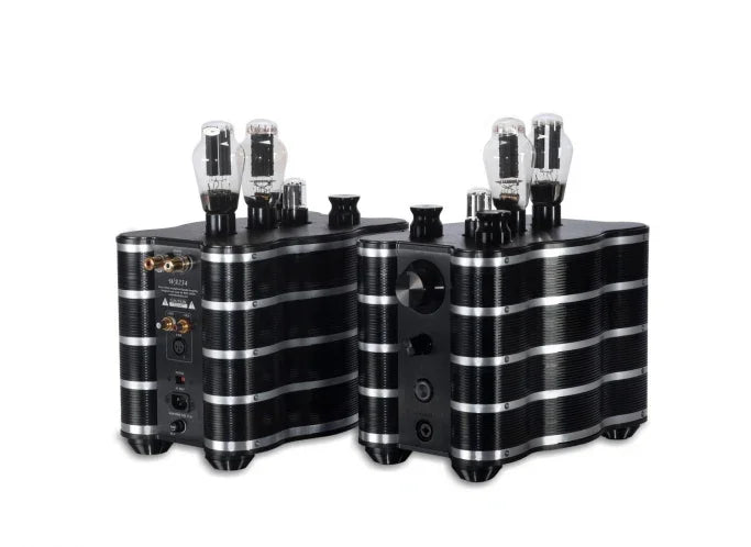 High-end black tube headphone amplifier set with metal fins, displayed on white background
