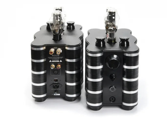 High-end black tube headphone amplifier set with metal fins, displayed on white background