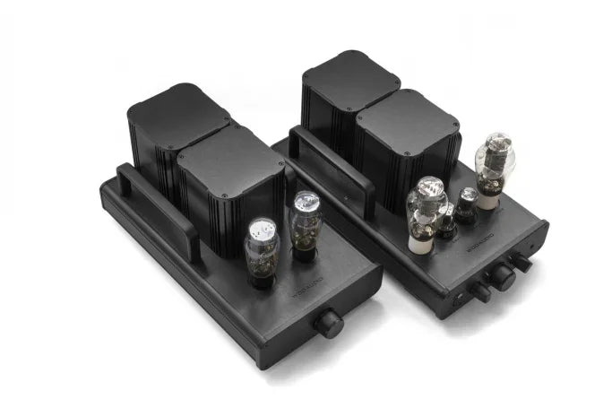 High-end black tube amplifiers for audio systems, featuring visible vacuum tubes, on white background