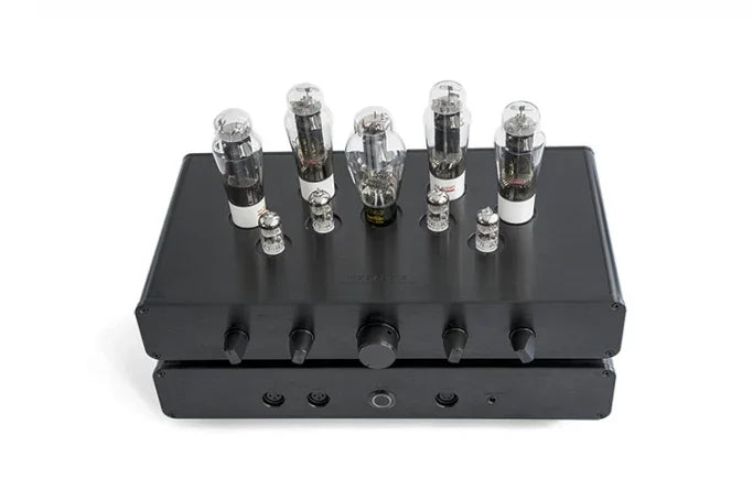 High-end black tube amplifier with glass vacuum tubes, The Source AV audio equipment