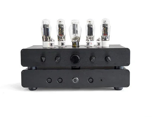 High-end black tube amplifier with glass vacuum tubes, The Source AV audio equipment