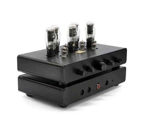 High-end black tube amplifier with exposed vacuum tubes, featured by The Source AV for audiophiles.