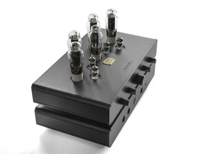 High-end black tube amplifier with exposed vacuum tubes, featured by The Source AV for audiophiles.