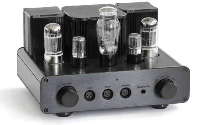 High-end tube headphone amplifier with glass vacuum tubes, front knobs, and audio connectors