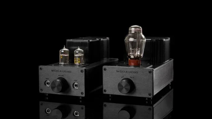 High-end black tube audio amplifiers with visible vacuum tubes and RCA jacks, on white background