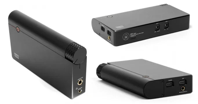 High-end black audio headphone amplifier with multiple ports, shown from three angles