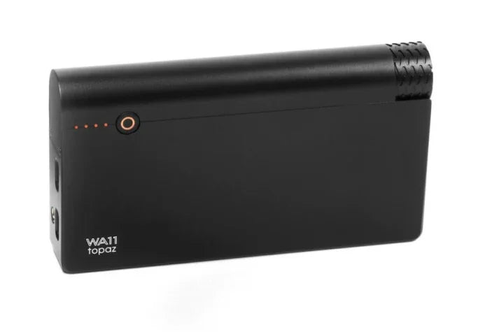 High-end black audio headphone amplifier with multiple ports, shown from three angles